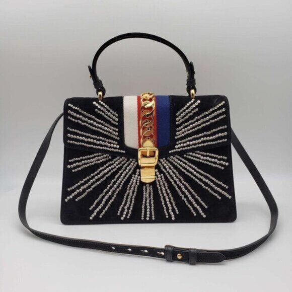 Gucci Sylvie Black Satin and Crystal Vintage Web Shoulder Bag 900-082625 - Picture 1 of 12